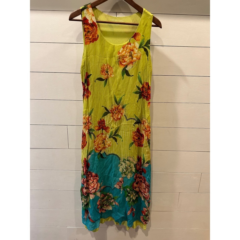 Soft Surroundings Yellow Floral Sleeveless Crinkle Midi Dress Petite Medium